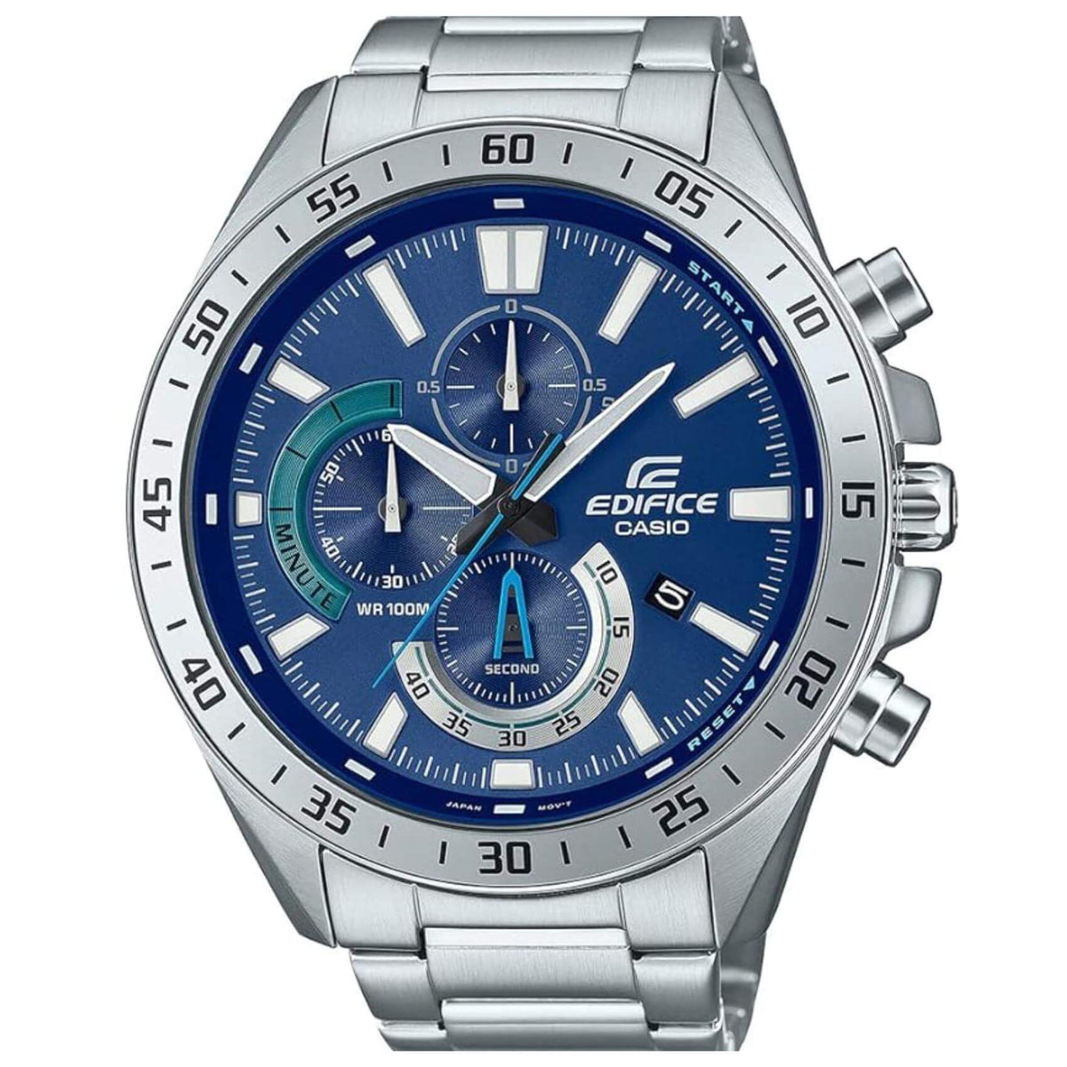 Αδιάβροχο ρολόι CASIO Edifice EFV-620D-2AVUEF με ασημί μπρασελέ από ανοξείδωτο ατσάλι, μπλε καντράν με φωσφορίζον δείκτες, στρογγυλή στεφάνη σε ασημί χρώμα και λειτουργία χρονογράφου.