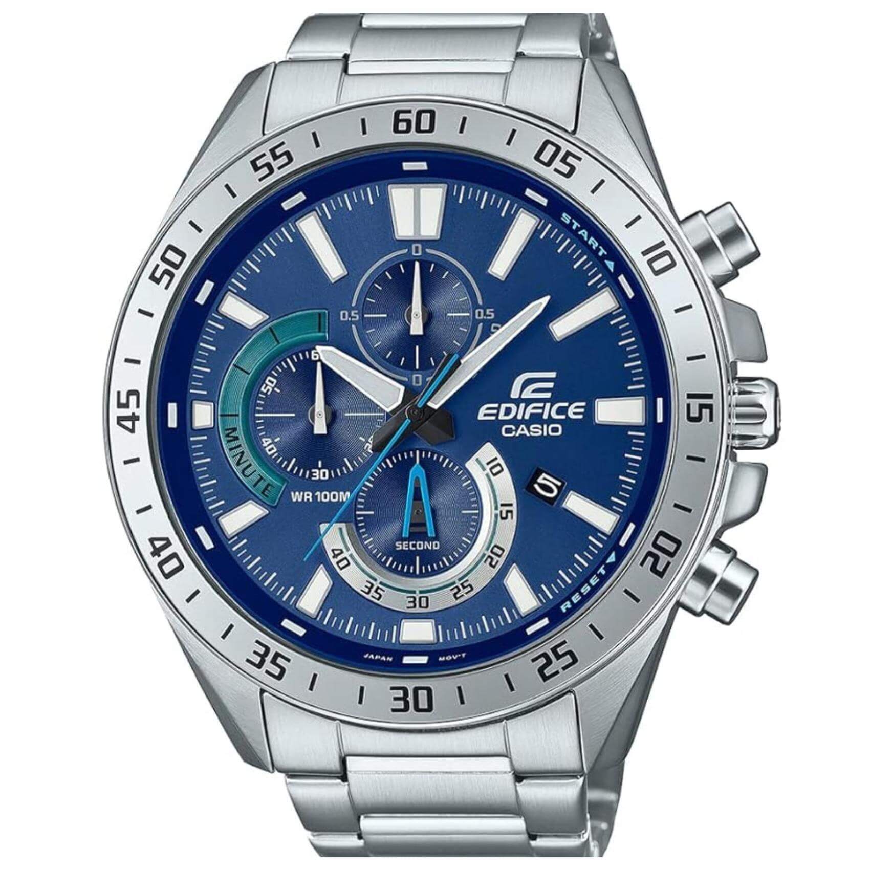 Αδιάβροχο ρολόι CASIO Edifice EFV-620D-2AVUEF με ασημί μπρασελέ από ανοξείδωτο ατσάλι, μπλε καντράν με φωσφορίζον δείκτες, στρογγυλή στεφάνη σε ασημί χρώμα και λειτουργία χρονογράφου.