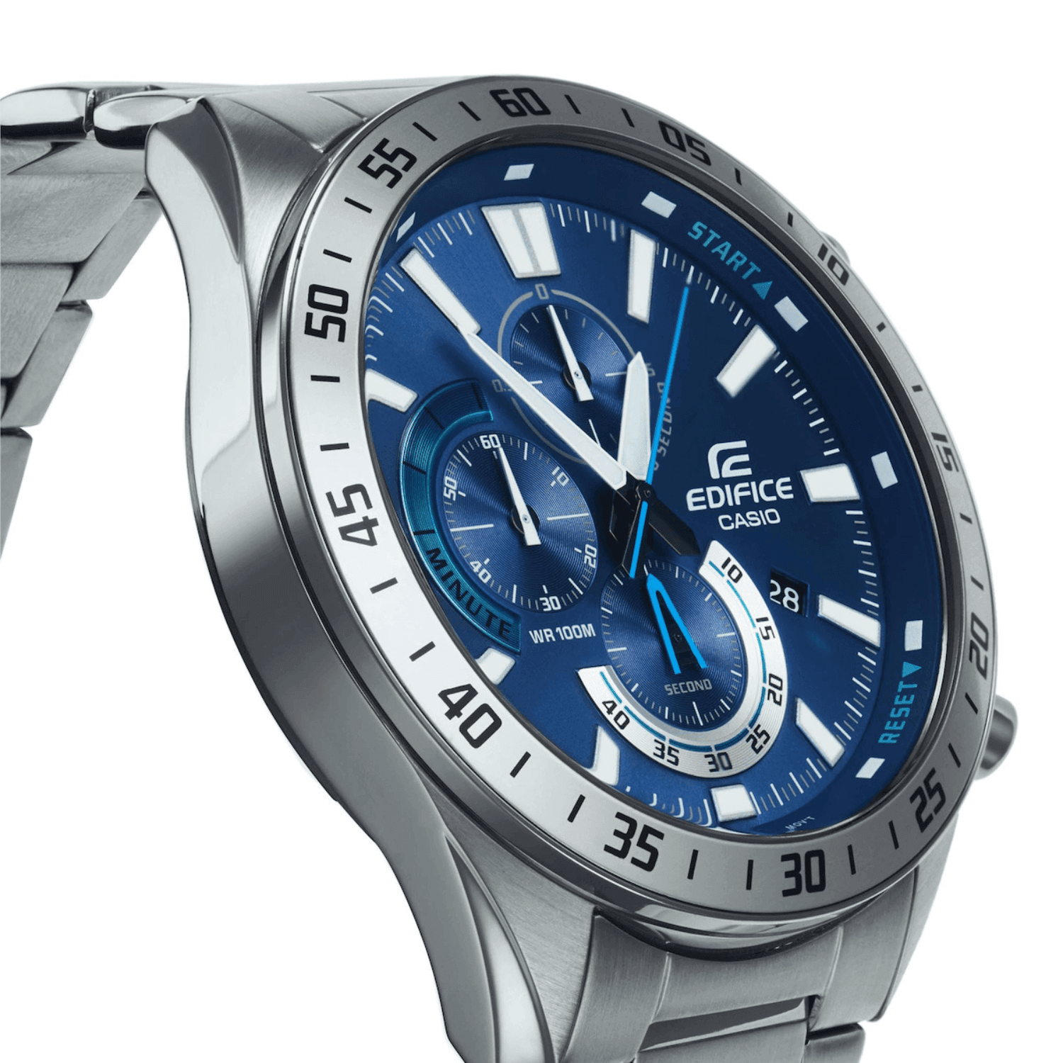 Αδιάβροχο ρολόι CASIO Edifice EFV-620D-2AVUEF με ασημί μπρασελέ από ανοξείδωτο ατσάλι, μπλε καντράν με φωσφορίζον δείκτες, στρογγυλή στεφάνη σε ασημί χρώμα και λειτουργία χρονογράφου.