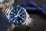 Αδιάβροχο ρολόι CASIO Edifice EFV-C100D-2AVEF με ασημί μπρασελέ από ανοξείδωτο ατσάλι, μπλε καντράν με φωσφορίζον δείκτες, στρογγυλή στεφάνη σε μπλε χρώμα και λειτουργία χρονομέτρου και ψηφιακής ώρας.