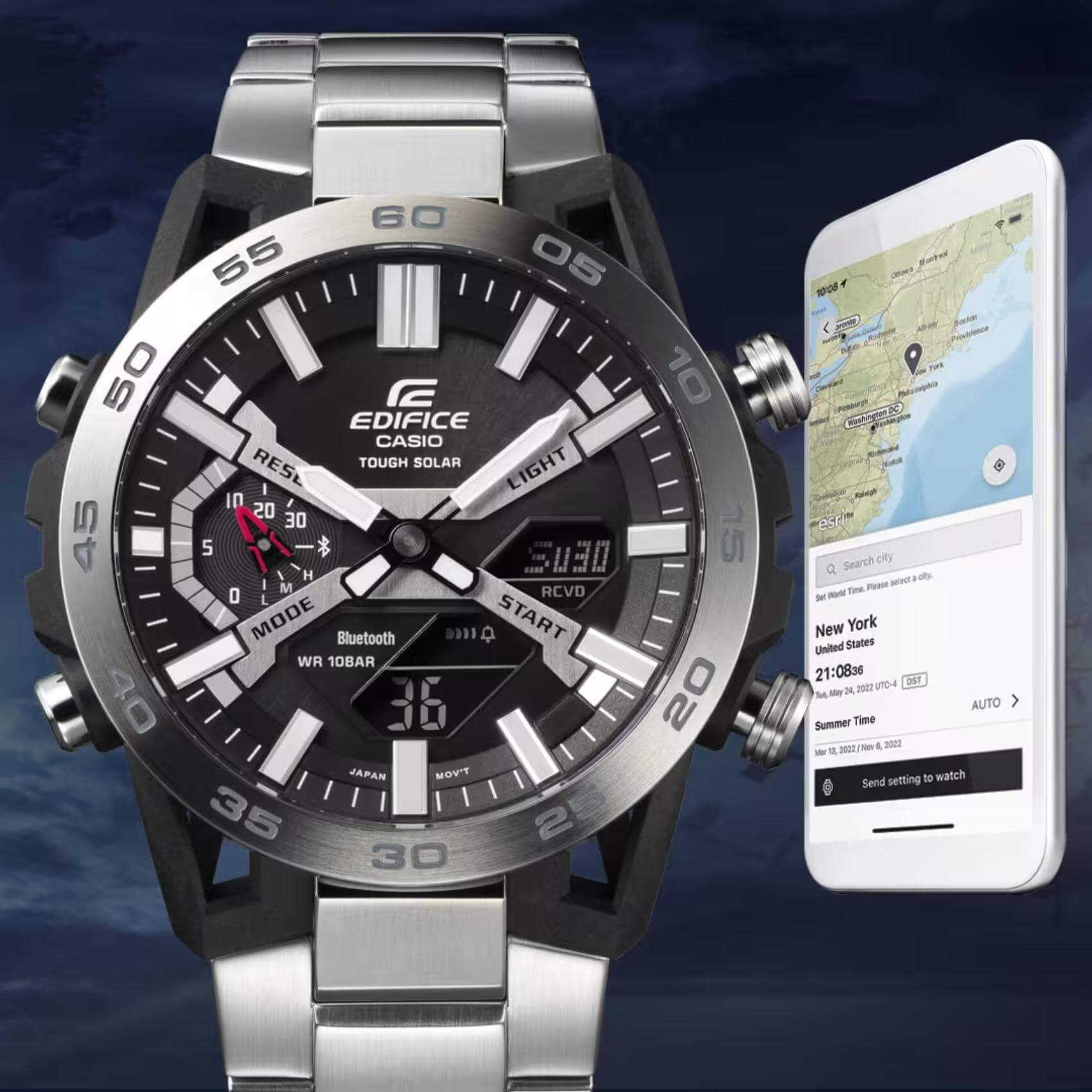 Ρολόι Solar Smart Casio Edifice Sospensione ECB-2000D-1AEF με ασημί ατσάλινο μπρασελέ και μαύρο καντράν διαμέτρου 47,8mm σε στρογγυλό σχημα.