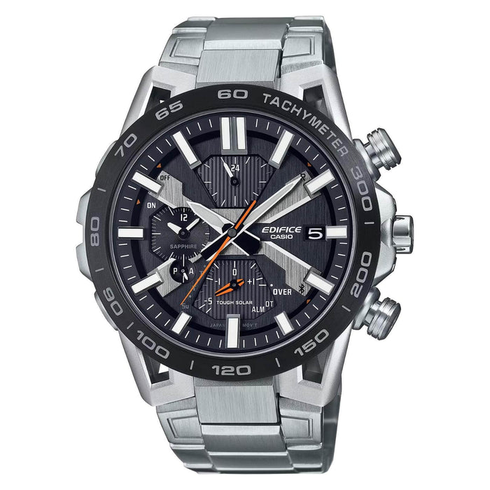Ρολόι Solar Smart Casio Edifice Sospensione EQB-2000DB-1AER με άσημί ατσάλινο μπρασελέ και μαύρο καντράν διαμέτρου 47,8mm.