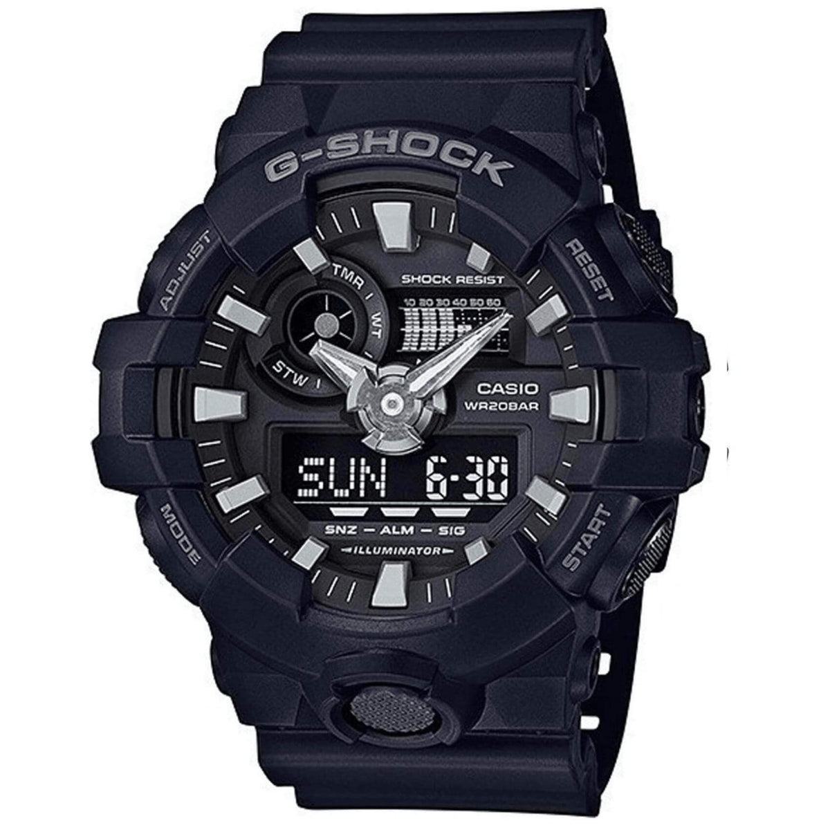 Καταδυτικό ρολόι χρονογράφος Casio G-Shock GA-700-1BER με μαύρο καουτσούκ λουράκ, μαύρο καντράν και στεγανότητα 20ATM-200Μ.