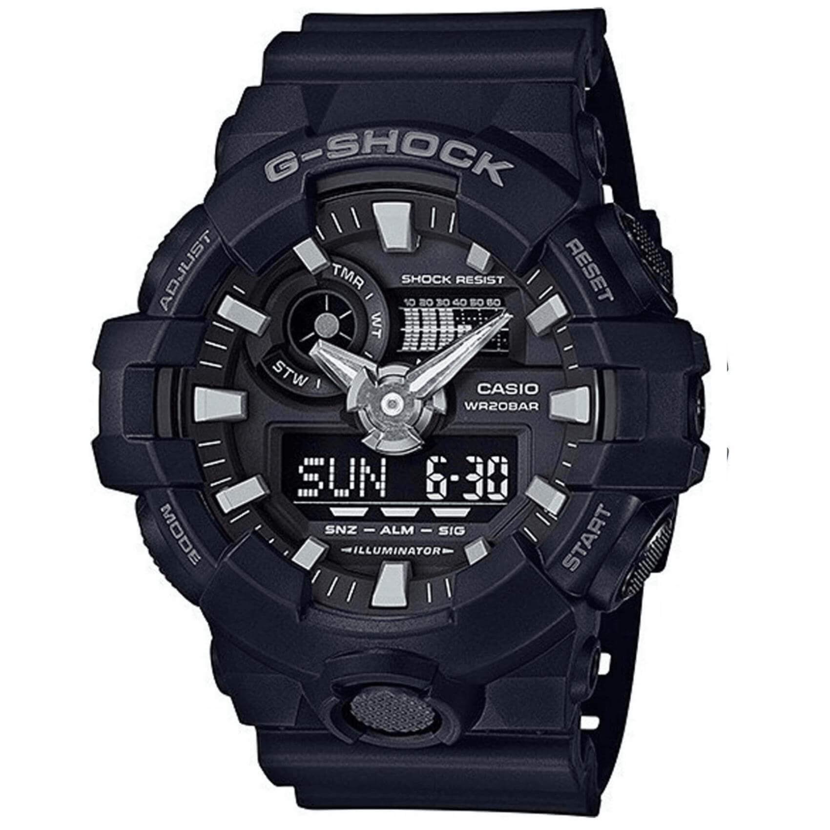 Καταδυτικό ρολόι χρονογράφος Casio G-Shock GA-700-1BER με μαύρο καουτσούκ λουράκ, μαύρο καντράν και στεγανότητα 20ATM-200Μ.
