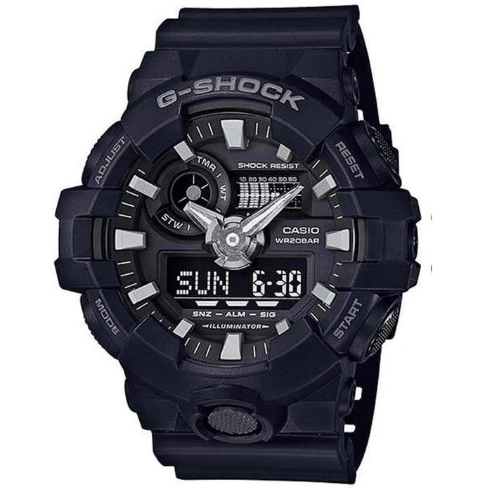 Καταδυτικό ρολόι χρονογράφος Casio G-Shock GA-700-1BER με μαύρο καουτσούκ λουράκ, μαύρο καντράν και στεγανότητα 20ATM-200Μ.