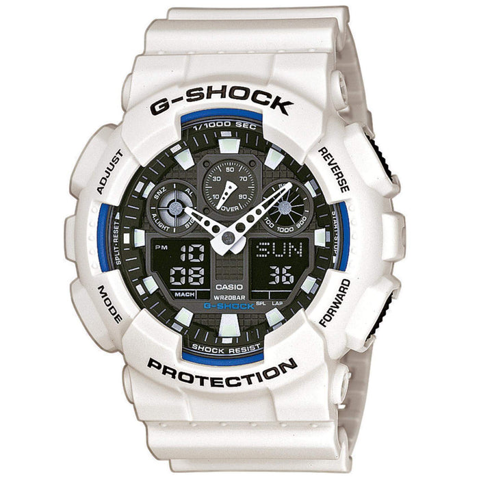 Καταδυτικό ρολόι χρονογράφος Casio G-Shock GA-100B-7AER με λευκό καουτσούκ λουράκι, μαύρο καντράν με μπλε λεπτομέρειες και στεγανότητα 20ATM-200Μ.