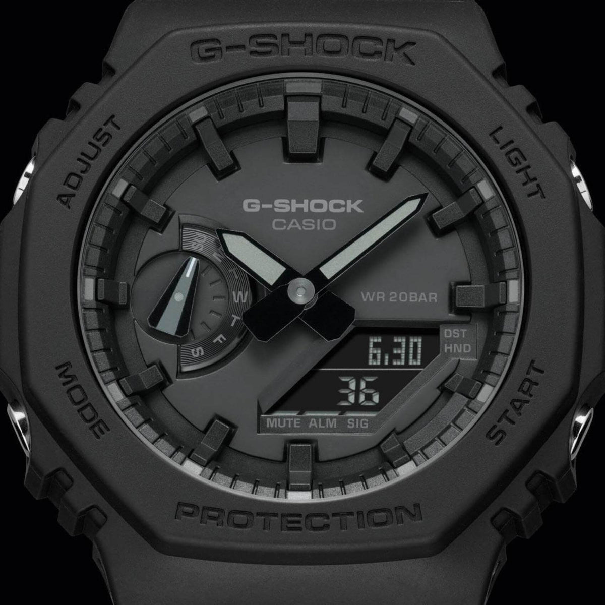 Ρολόι χρονογράφος Casio G-Shock GA-2100-1A1ER με μαύρο καουτσούκ λουράκι, μαύρο καντράν σε οκτάγωνο σχημα με ψηφιακή ένδειξη και στεγανότητα 20ATM-200Μ.