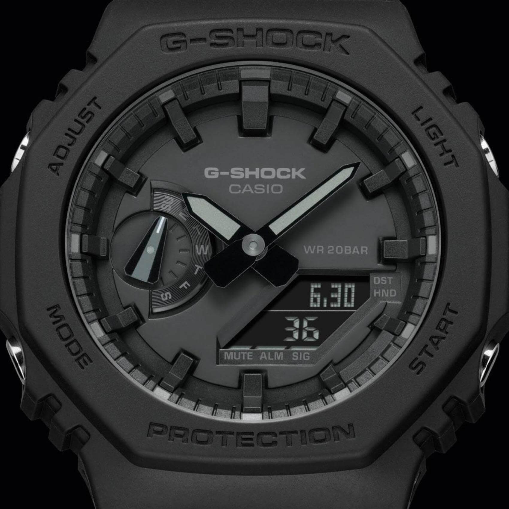 Ρολόι χρονογράφος Casio G-Shock GA-2100-1A1ER με μαύρο καουτσούκ λουράκι, μαύρο καντράν σε οκτάγωνο σχημα με ψηφιακή ένδειξη και στεγανότητα 20ATM-200Μ.