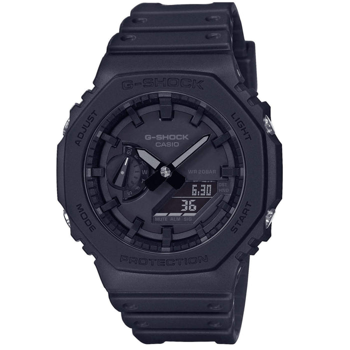 Ρολόι χρονογράφος Casio G-Shock GA-2100-1A1ER με μαύρο καουτσούκ λουράκι, μαύρο καντράν σε οκτάγωνο σχημα με ψηφιακή ένδειξη και στεγανότητα 20ATM-200Μ.