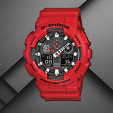 Καταδυτικό ανδρικό ρολόι Casio G-Shock GA-100B-4AER με κόκκινο καουτσούκ λουράκι και μαύρο καντράν.