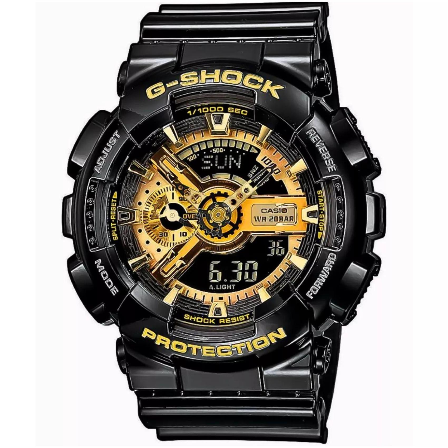 Ρολόι χρονογράφος Casio G-Shock GA-110GB-1AER που συνδυάζει μαύρο καουτσούκ λουράκι και μαύρο καντράν μεγέθους 51mm.