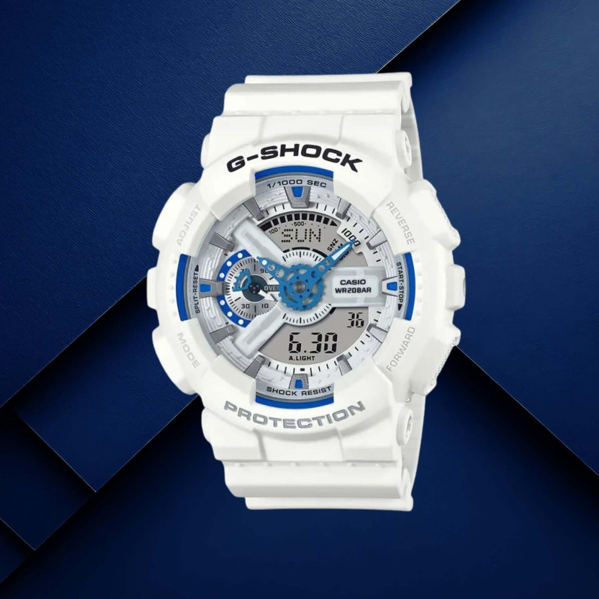 Ανδρικό ρολόι Casio G-Shock GA-110HDS-7AER με λευκό καουτσούκ λουράκι και μπλε καντράν.