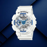 Ανδρικό ρολόι Casio G-Shock GA-110HDS-7AER με λευκό καουτσούκ λουράκι και μπλε καντράν.