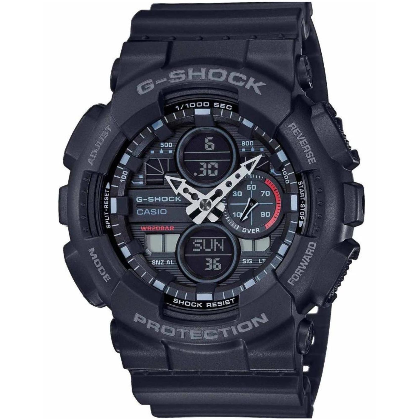 Ρολόι χρονογράφος Casio G-Shock GA-140-1A1ER που συνδυάζει μαύρο καουτσούκ λουράκι και μαύρο καντράν μεγέθους 51mm.