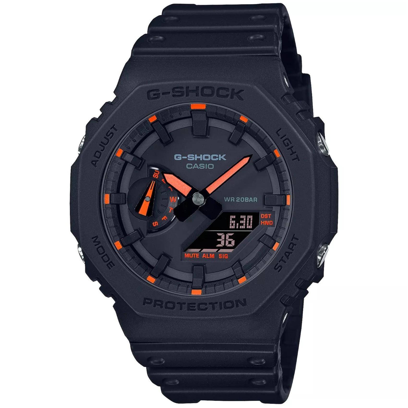 Ρολόι χρονογράφος Casio G-Shock GA-2100-1A4ER με μαύρο καουτσούκ λουράκι, μαύρο καντράν μεγέθους 45.4mm anadigi κατάλληλο για καταδύσεις.