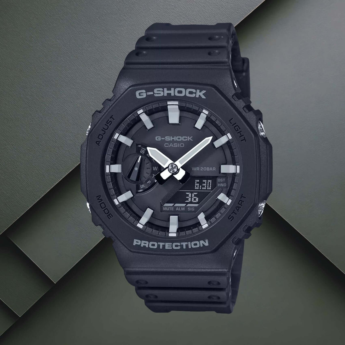 Ανδρικό ρολόι Casio G-Shock GA-2100-1AER με μαύρο καουτσούκ λουράκι και μαύρο καντράν.