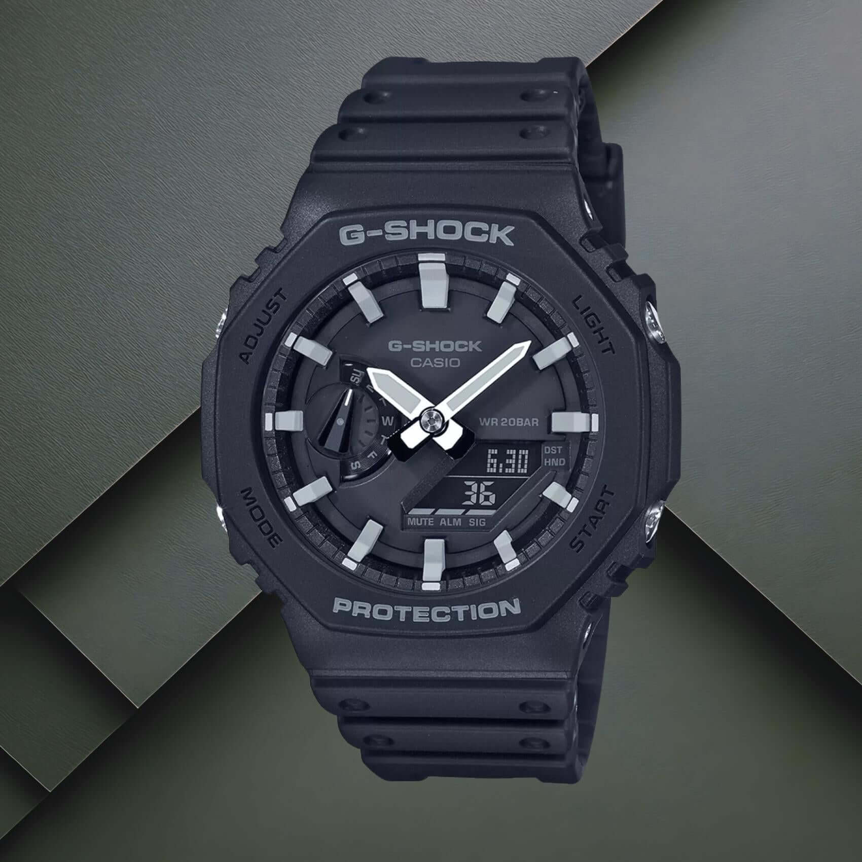 Ανδρικό ρολόι Casio G-Shock GA-2100-1AER με μαύρο καουτσούκ λουράκι και μαύρο καντράν.