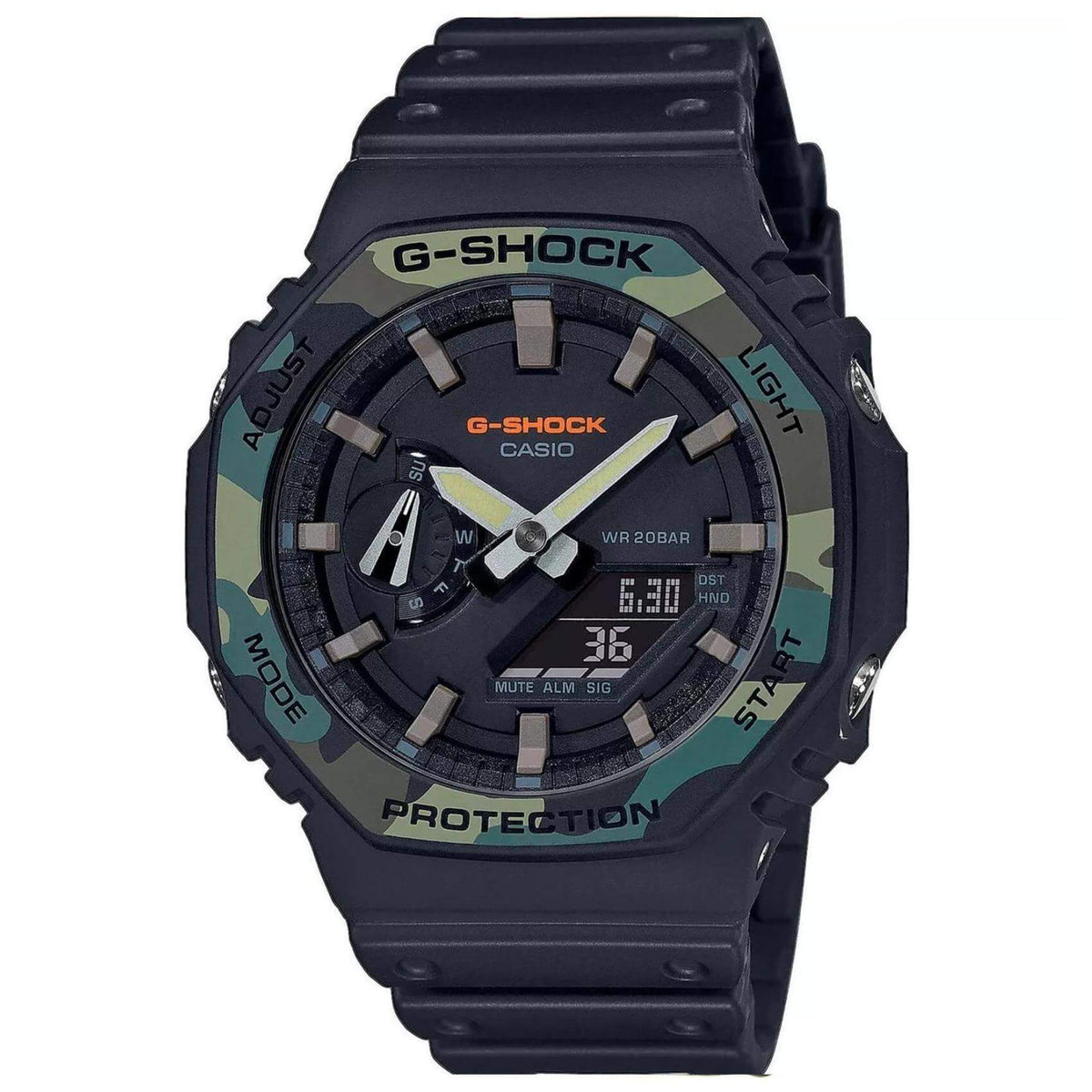 Ρολόι χρονογράφος Casio G-Shock GA-2100SU-1AER με μαύρο καουτσούκ λουράκι, μαύρο καντράν με camouflage μεγέθους 45.4mm anadigi κατάλληλο για καταδύσεις.