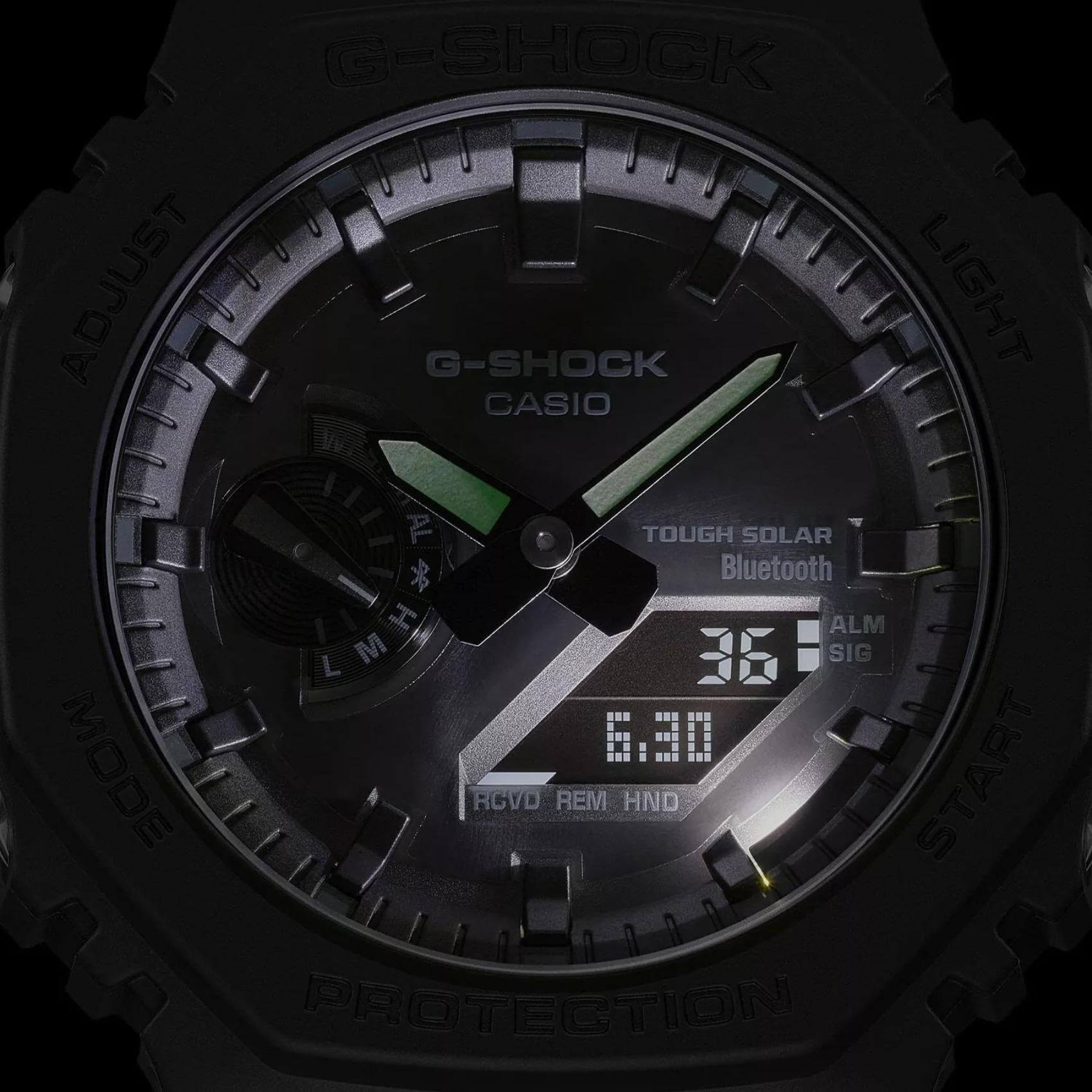 Ρολόι Casio G-Shock GA-B2100-1A1ER Solar με μαύρο καουτσούκ λουράκι και μαύρο καντράν διαμέτρου 48,5mm σε οκτάγωνο σχημα.