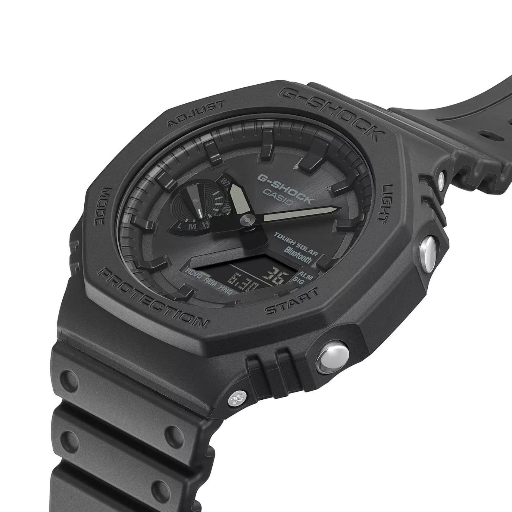 Ρολόι Casio G-Shock GA-B2100-1A1ER Solar με μαύρο καουτσούκ λουράκι και μαύρο καντράν διαμέτρου 48,5mm σε οκτάγωνο σχημα.