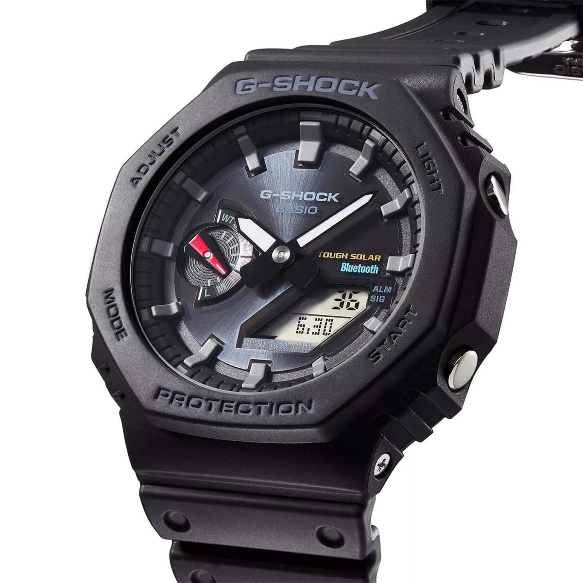 Ρολόι Casio G-Shock GA-B2100-1AER Solar με μαύρο καουτσούκ λουράκι και μαύρο καντράν διαμέτρου 48,5mm σε οκτάγωνο σχημα.