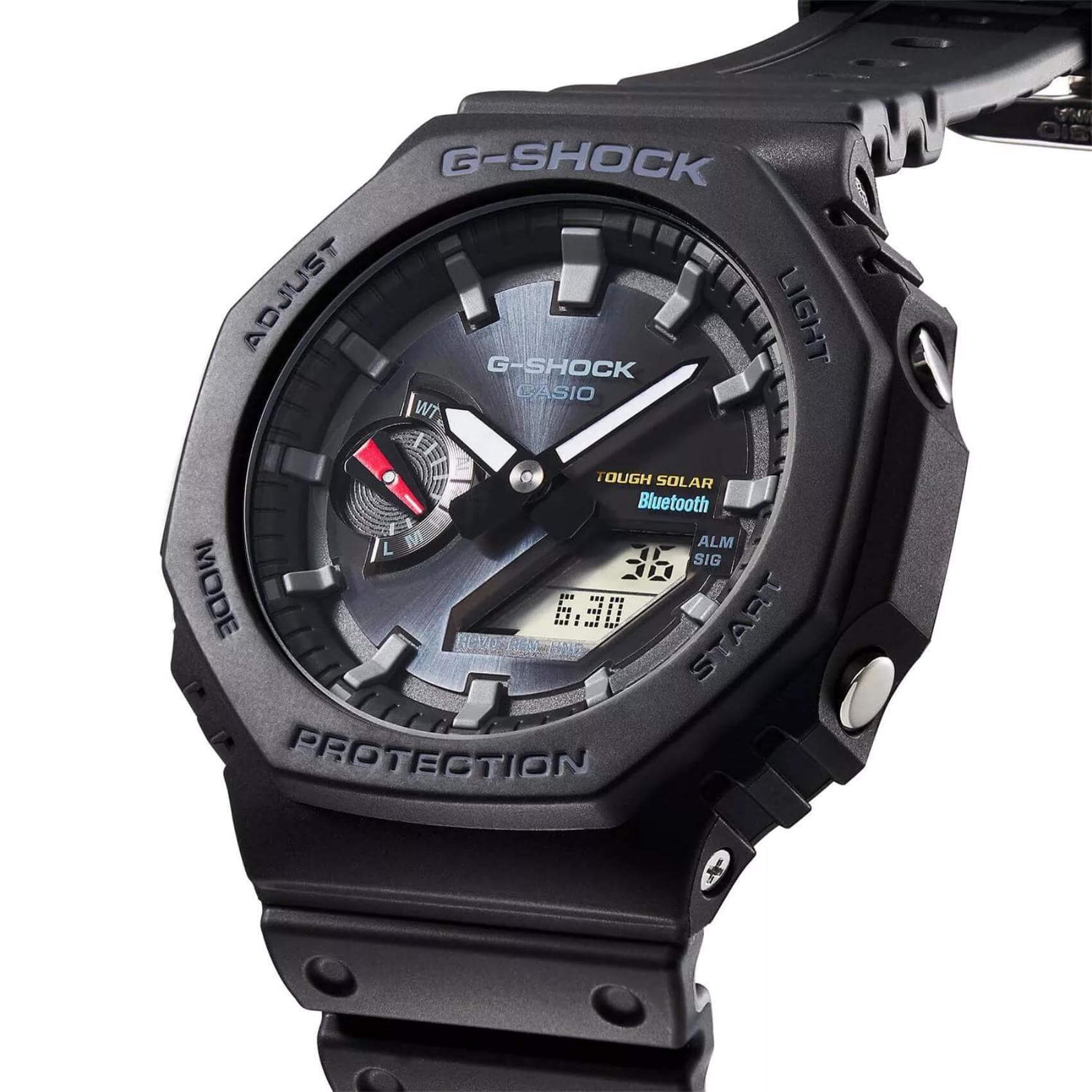 Ρολόι Casio G-Shock GA-B2100-1AER Solar με μαύρο καουτσούκ λουράκι και μαύρο καντράν διαμέτρου 48,5mm σε οκτάγωνο σχημα.