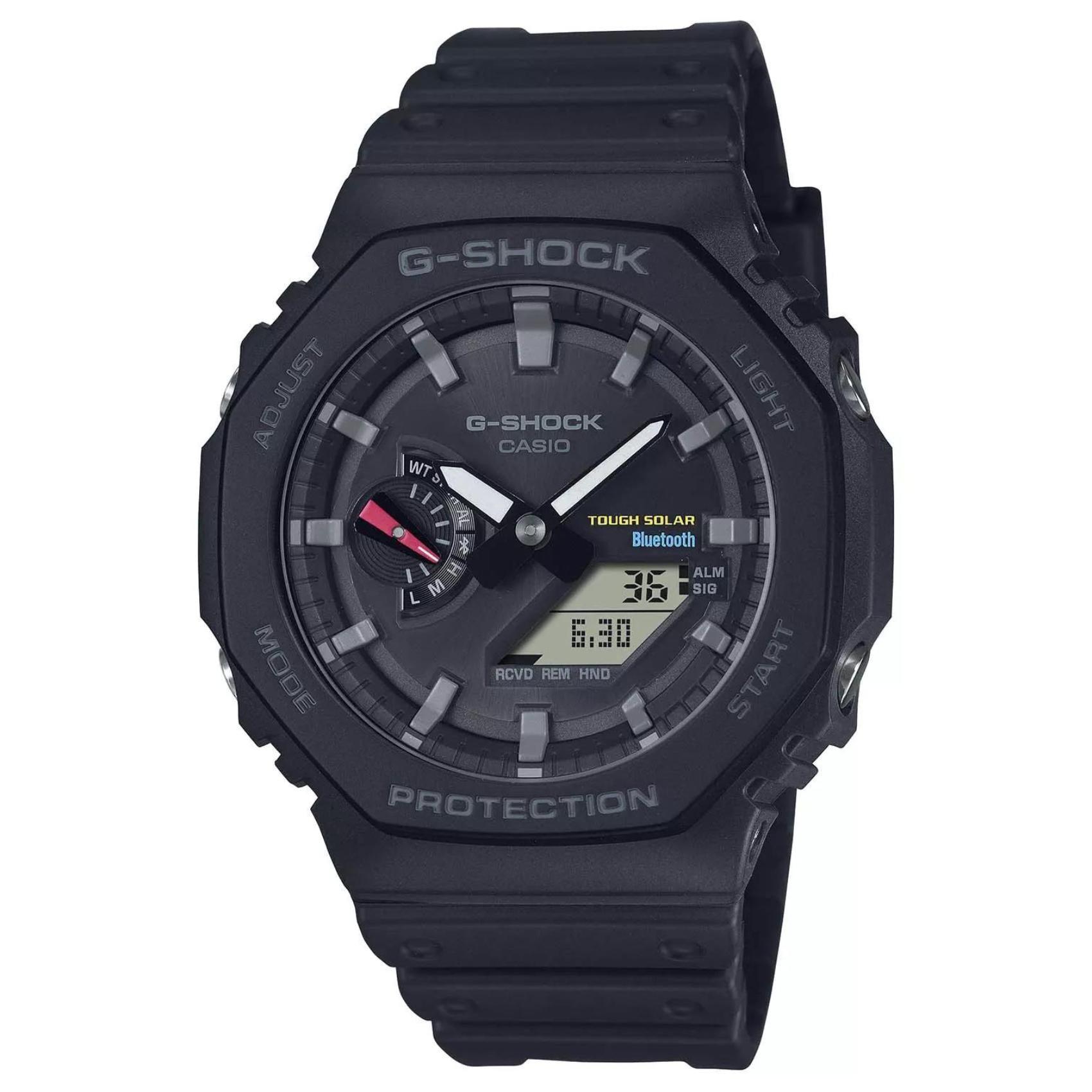 Ρολόι Casio G-Shock GA-B2100-1AER Solar με μαύρο καουτσούκ λουράκι και μαύρο καντράν διαμέτρου 48,5mm σε οκτάγωνο σχημα.