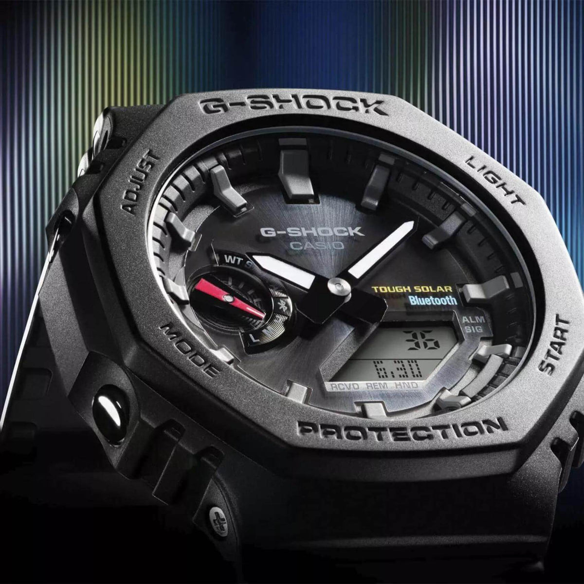 Ρολόι Casio G-Shock GA-B2100-1AER Solar με μαύρο καουτσούκ λουράκι και μαύρο καντράν διαμέτρου 48,5mm σε οκτάγωνο σχημα.