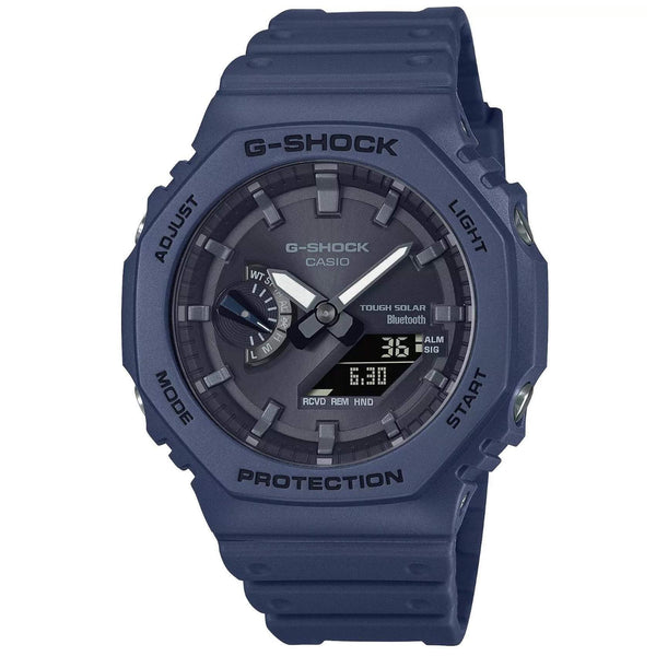 Ρολόι Casio G-Shock GA-B2100-2AER Solar με μπλε καουτσούκ λουράκι και μαύρο καντράν διαμέτρου 48,5mm σε οκτάγωνο σχημα.