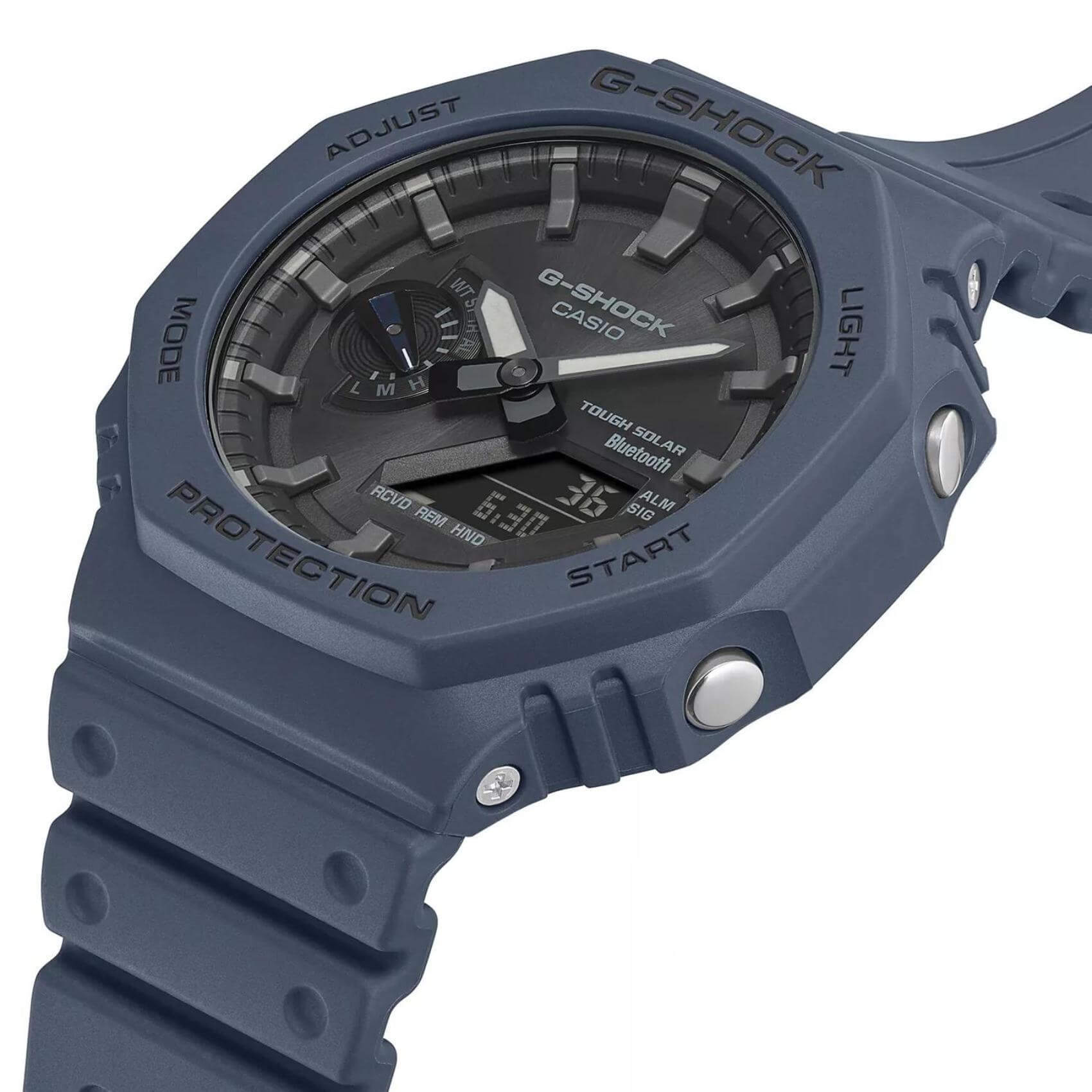 Ρολόι Casio G-Shock GA-B2100-2AER Solar με μπλε καουτσούκ λουράκι και μαύρο καντράν διαμέτρου 48,5mm σε οκτάγωνο σχημα.