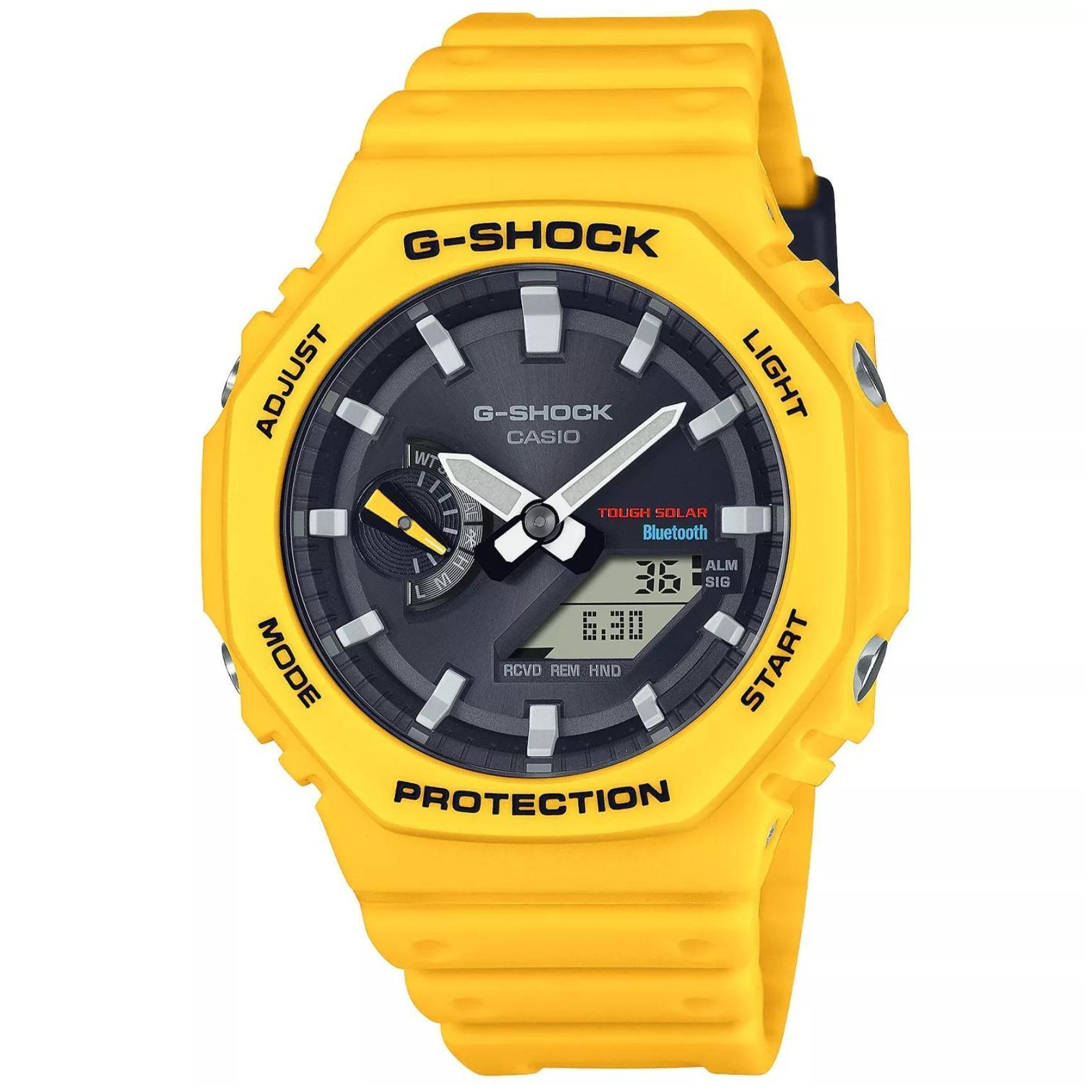 Ρολόι Solar Casio G-Shock GA-B2100C-9AER με κίτρινο καουτσούκ λουράκι, μαύρο καντράν μεγέθους 48,5mm κατάλληλο για καταδύσεις.