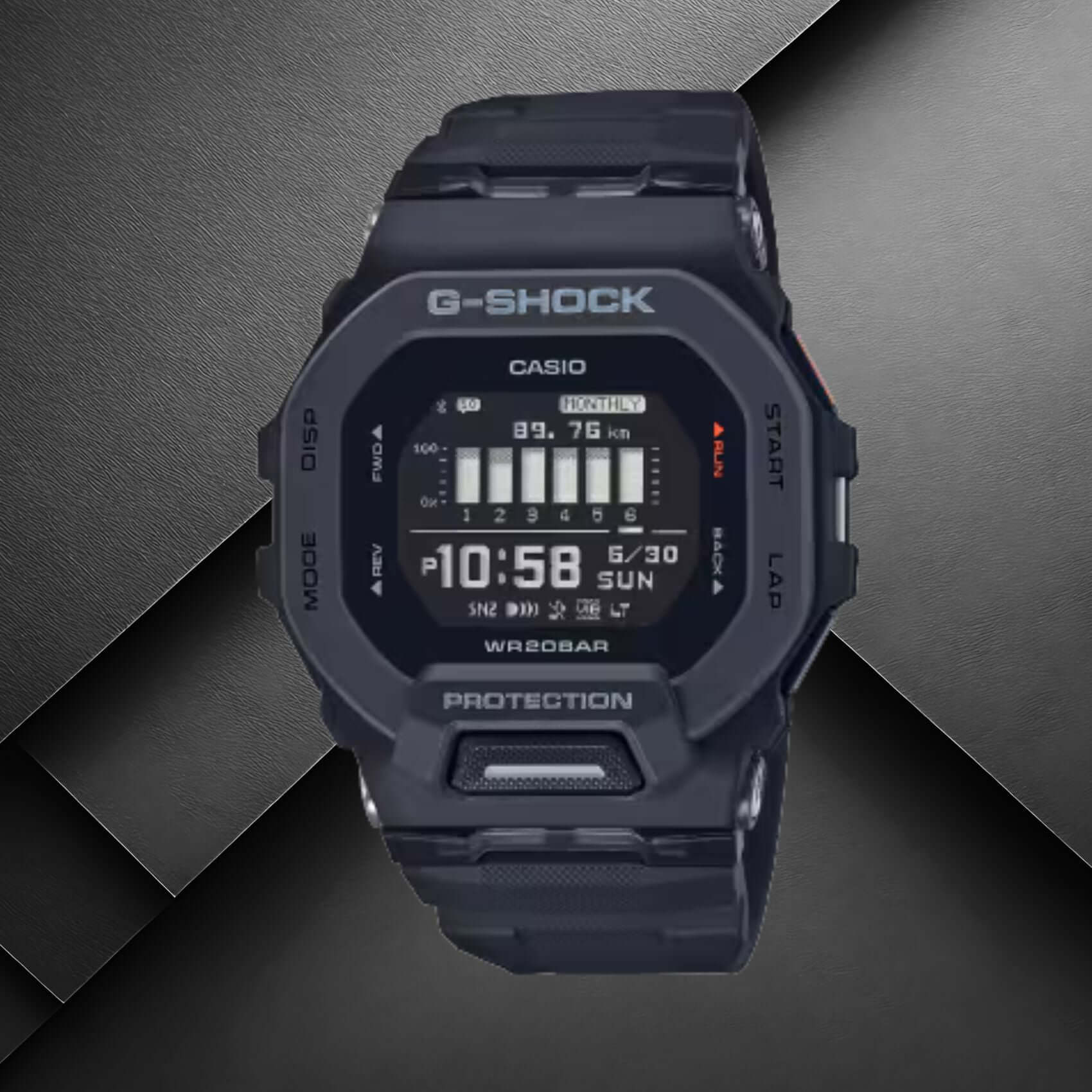 Ανδρικό ρολόι Casio G-Shock GBD-200-1ER με μαύρο καουτσούκ λουράκι και μαύρο καντράν.