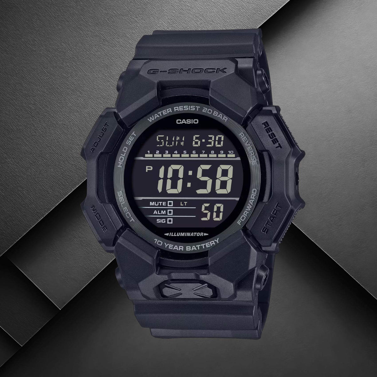 Ανδρικό ρολόι Casio G-SHOCK GD-010-1A1ER με μαύρο καουτσούκ λουράκι και μαύρο ψηφιακό καντράν.