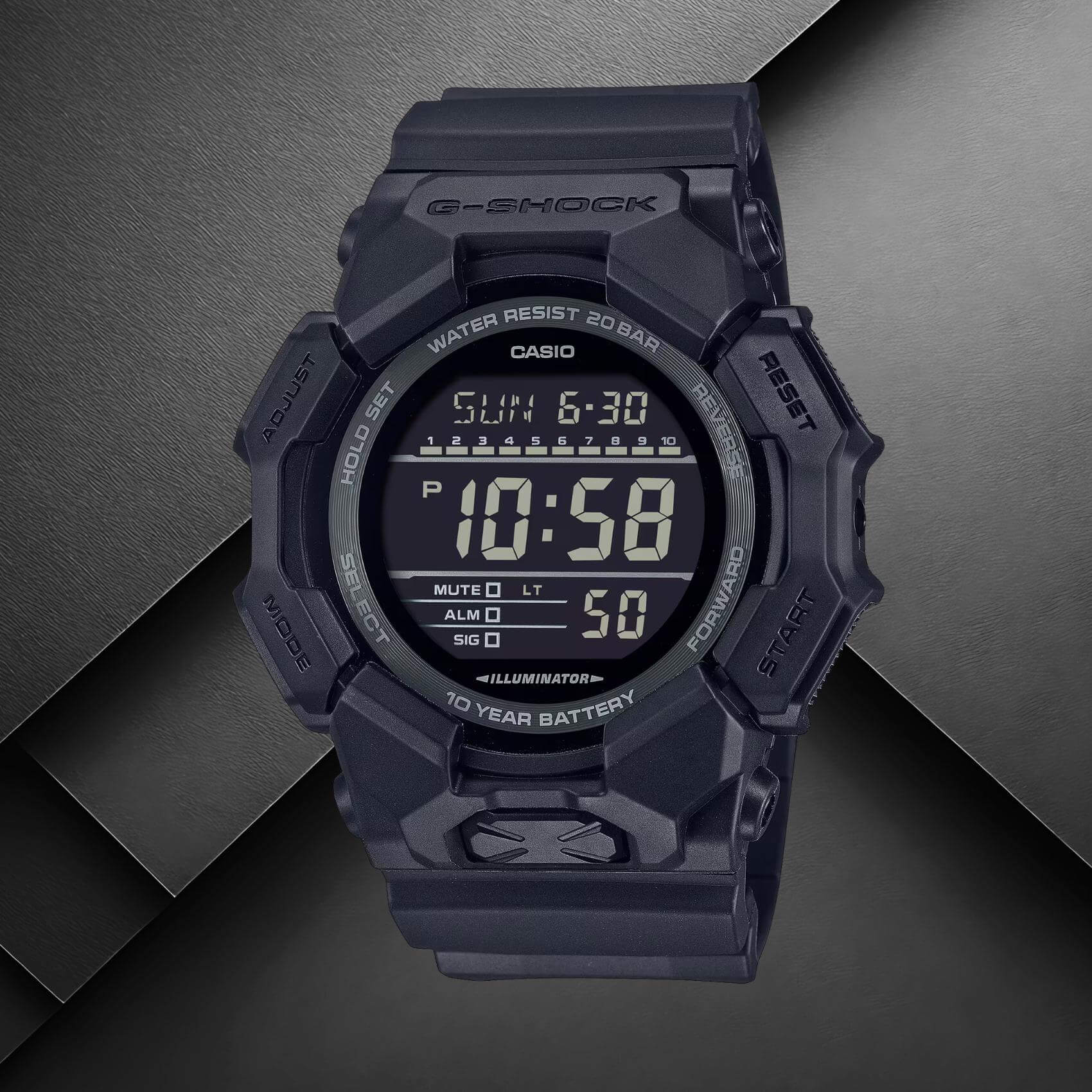 Ανδρικό ρολόι Casio G-SHOCK GD-010-1A1ER με μαύρο καουτσούκ λουράκι και μαύρο ψηφιακό καντράν.
