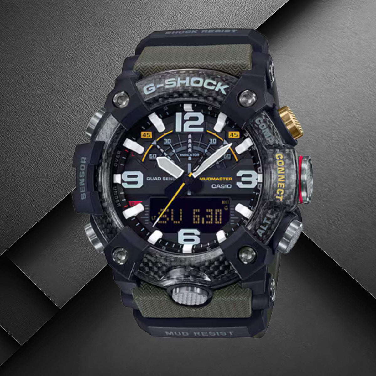 Ανδρικό ρολόι Casio G-SHOCK GG-B100-1A3ER με χακί καουτσούκ λουράκι και μαύρο καντράν.