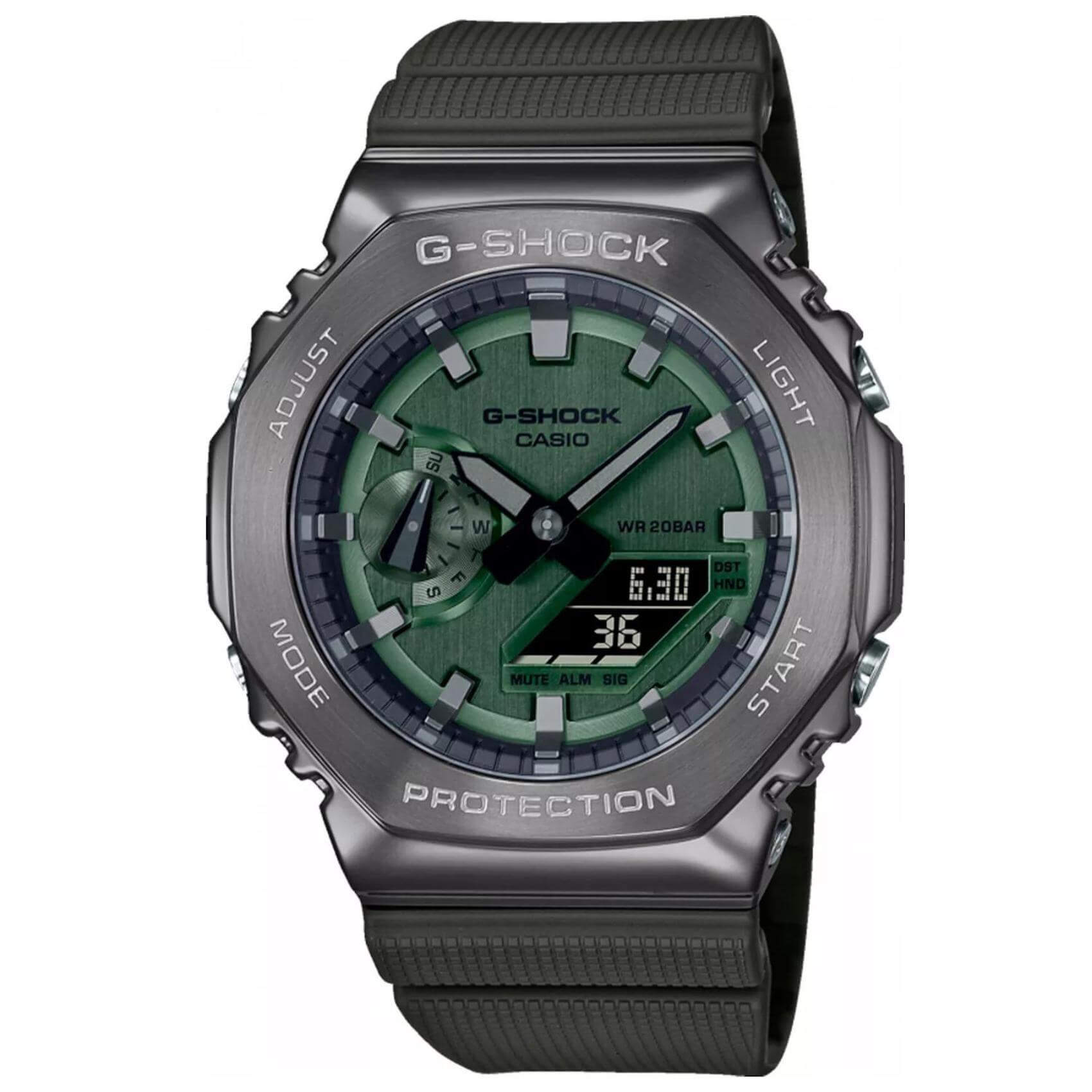 Ρολόι χρονογράφος Casio G-Shock GM-2100B-3AER με χακί καουτσούκ λουράκι, χακί καντράν μεγέθους 44.4mm anadigi κατάλληλο για καταδύσεις.