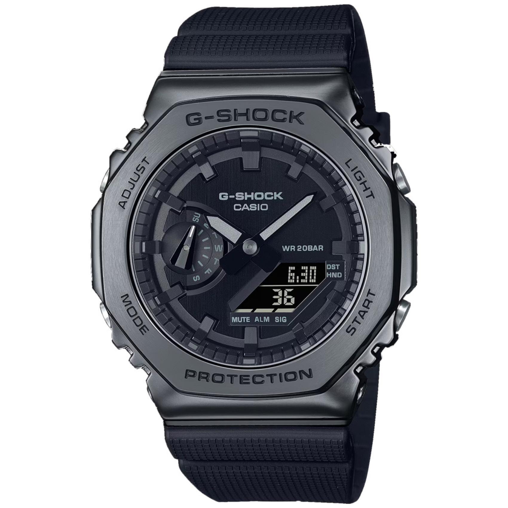 Ρολόι χρονογράφος Casio G-Shock GM-2100BB-1AER με μαύρο καουτσούκ λουράκι, μαύρο καντράν μεγέθους 44.4mm anadigi κατάλληλο για καταδύσεις.