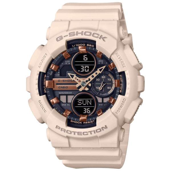 Ρολόι Casio G-Shock GMA-S140M-4AER με μπεζ καουτσούκ λουράκι και μαύρο καντράν διαμέτρου 46mm.