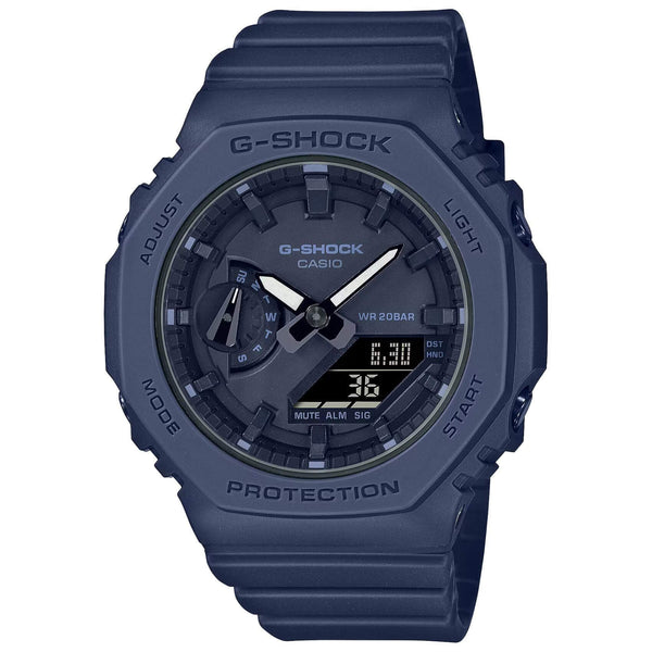 Ρολόι χρονογράφος Casio G-Shock GMA-S2100BA-2A1ER που συνδυάζει μπλε λουράκι από καουτσούκ και μπλε καντράν διαμέτρου 42.9mm.