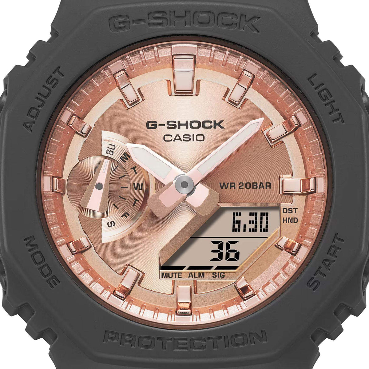 Ρολόι χρονογράφος Casio G-Shock GMA-S2100MD-1AER που συνδυάζει μαύρο λουράκι από καουτσούκ και ροζ χρυσό καντράν διαμέτρου 42.9mm.
