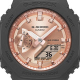 Ρολόι χρονογράφος Casio G-Shock GMA-S2100MD-1AER που συνδυάζει μαύρο λουράκι από καουτσούκ και ροζ χρυσό καντράν διαμέτρου 42.9mm.