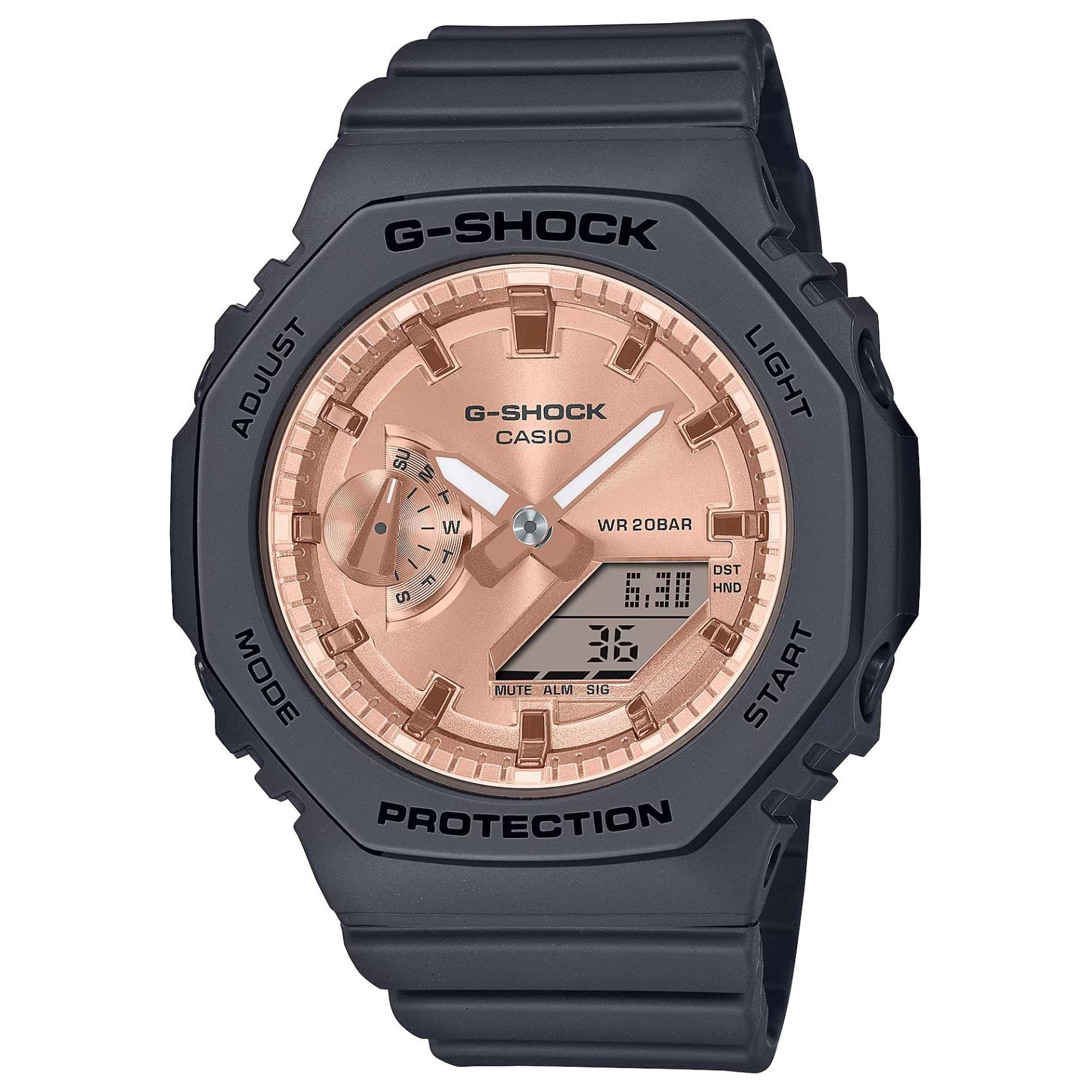 Ρολόι χρονογράφος Casio G-Shock GMA-S2100MD-1AER που συνδυάζει μαύρο λουράκι από καουτσούκ και ροζ χρυσό καντράν διαμέτρου 42.9mm.