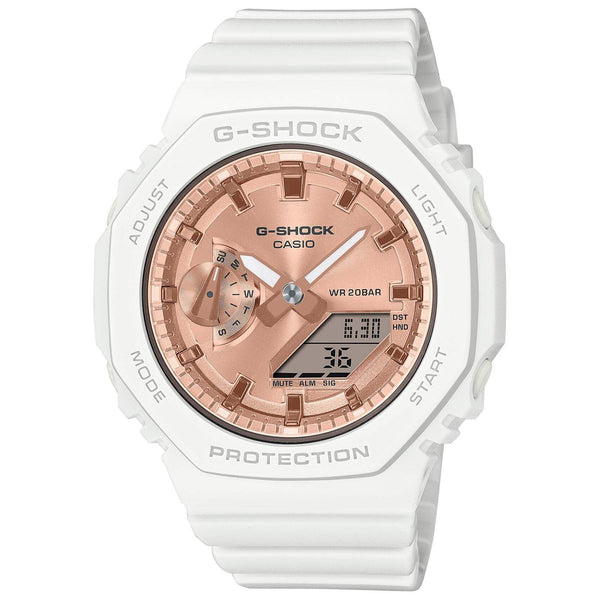 Ρολόι χρονογράφος Casio G-Shock GMA-S2100MD-7AER που συνδυάζει άσπρο λουράκι από καουτσούκ και ροζ χρυσό καντράν διαμέτρου 42.9mm.