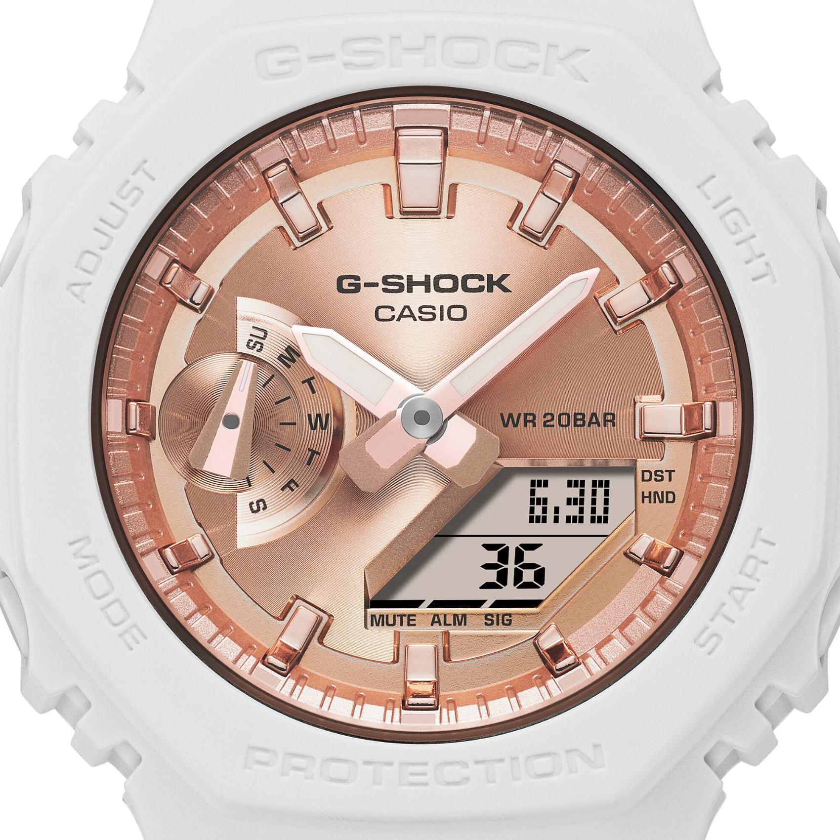 Ρολόι χρονογράφος Casio G-Shock GMA-S2100MD-7AER που συνδυάζει άσπρο λουράκι από καουτσούκ και ροζ χρυσό καντράν διαμέτρου 42.9mm.