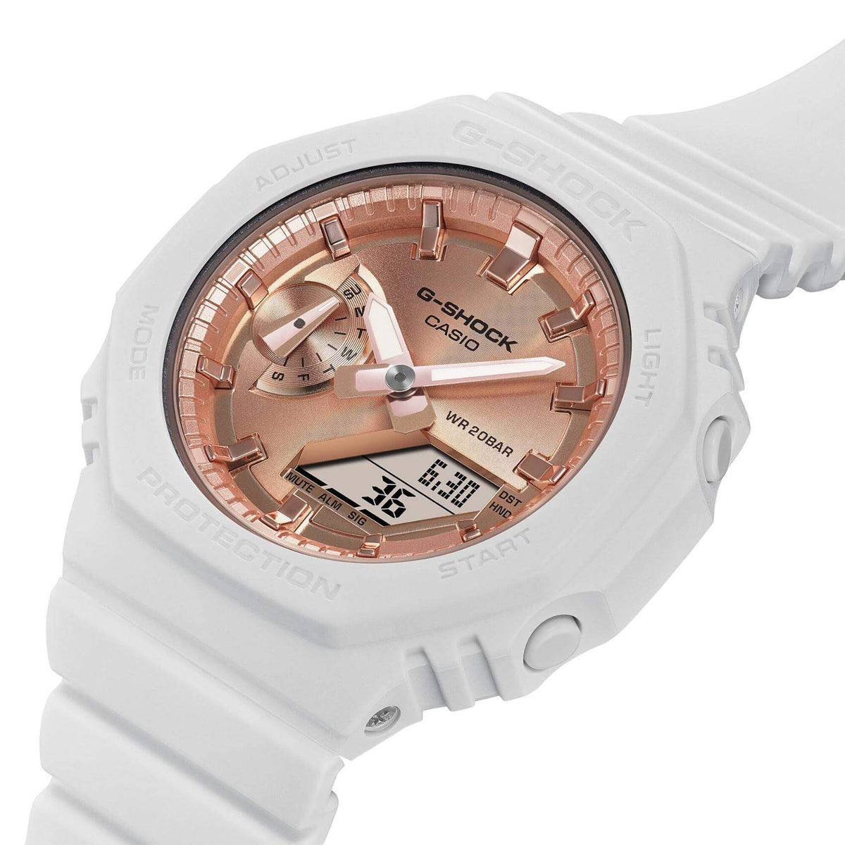 Ρολόι χρονογράφος Casio G-Shock GMA-S2100MD-7AER που συνδυάζει άσπρο λουράκι από καουτσούκ και ροζ χρυσό καντράν διαμέτρου 42.9mm.