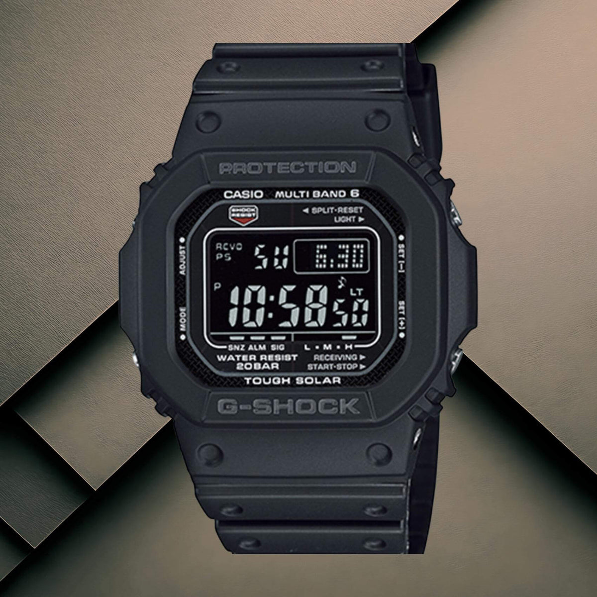 Ανδρικό ρολόι Casio G-SHOCK GW-M5610U-1BER με μαύρο καουτσούκ λουράκι και μαύρο ψηφιακό καντράν σε background.