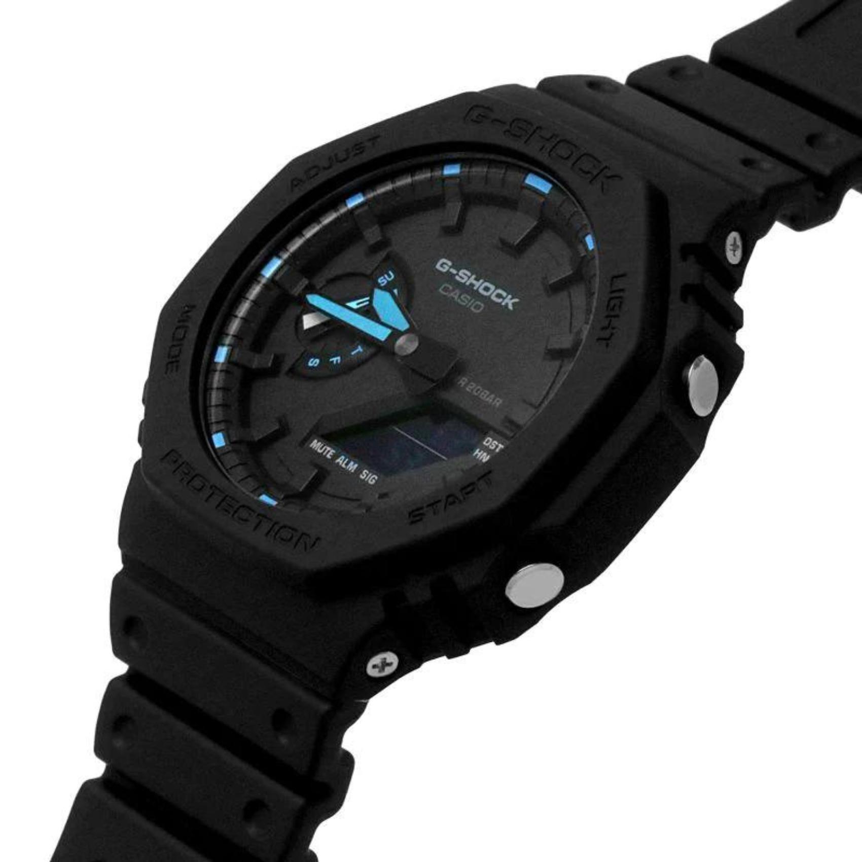 Ρολόι χρονογράφος Casio G-Shock GA-2100-1A2ER με μαύρο καουτσούκ λουράκι, μαύρο καντράν σε οκτάγωνο σχημα με ψηφιακή ένδειξη και στεγανότητα 20ATM-200Μ.