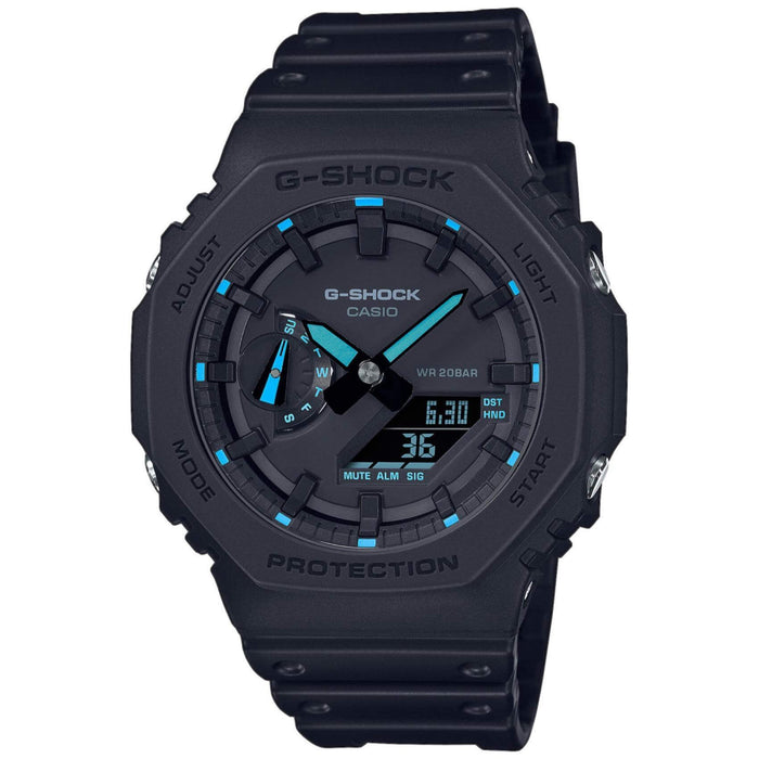 Ρολόι χρονογράφος Casio G-Shock GA-2100-1A2ER με μαύρο καουτσούκ λουράκι, μαύρο καντράν σε οκτάγωνο σχημα με ψηφιακή ένδειξη και στεγανότητα 20ATM-200Μ.