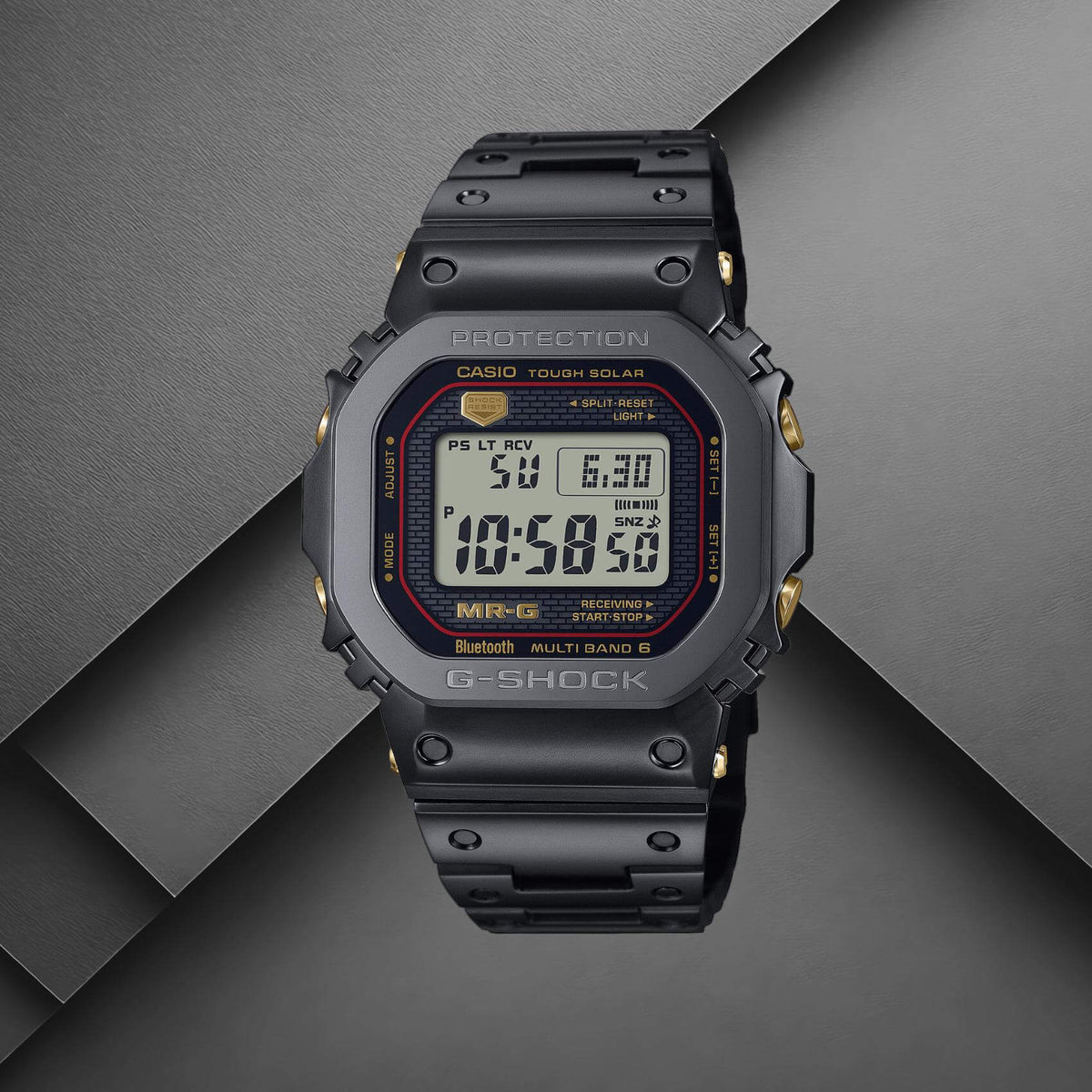 Ανδρικό ρολόι Casio G-Shock Pro MRG-B5000B-1DR με μαύρο μπρασελέ τιτανίου και μαύρο ψηφιακό καντράν.