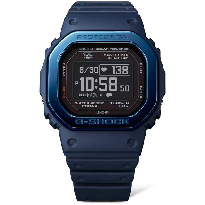 Προπονητικό ρολόι smartwatch G-Squad Casio G-Shock DW-H5600MB-2ER Solar με μπλε καουτσούκ λουράκι και μαύρο καντράν διαμέτρου 44,5mm σε τετράγωνο σχημα.